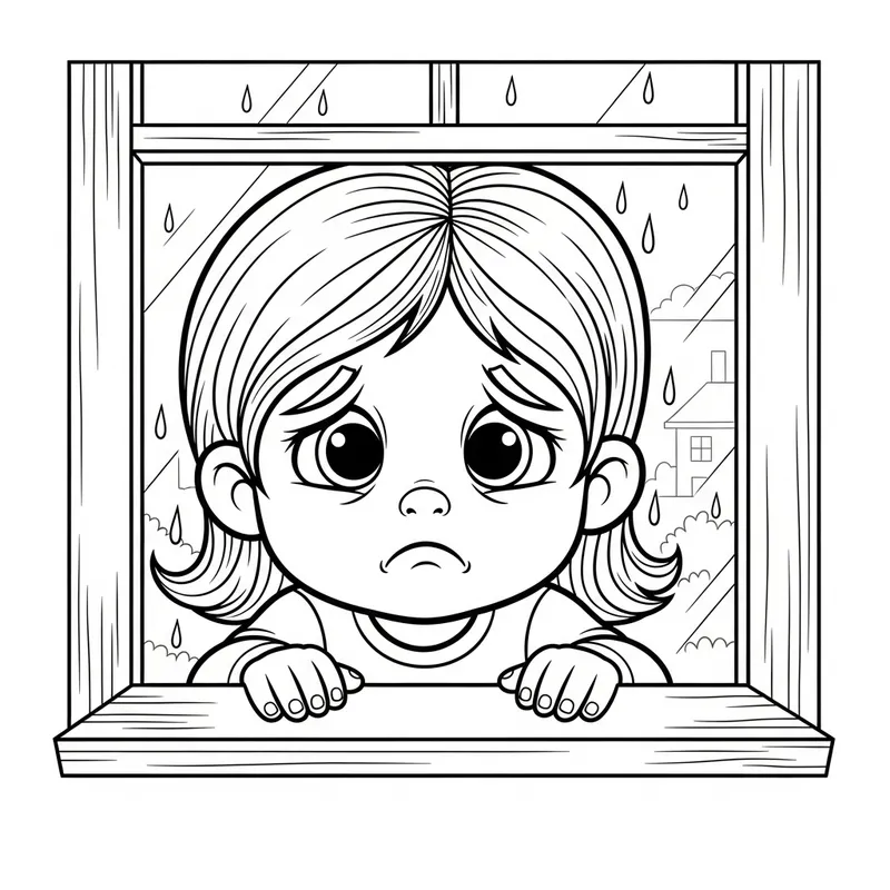 Whimsical Sad Kid Cartoon Coloring Page for Children