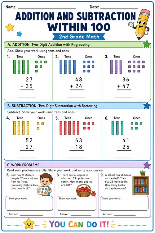 2nd Grade Math Worksheet: Addition & Subtraction 100