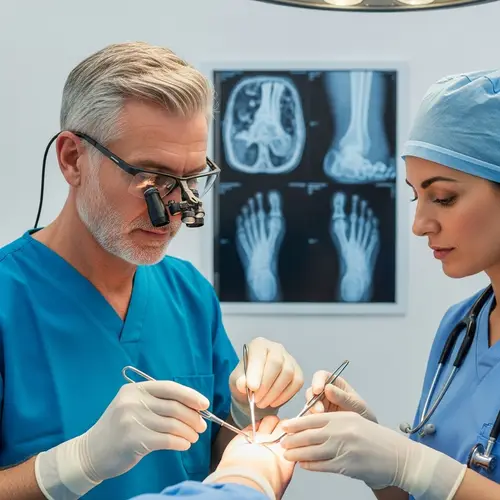 Expert Podiatrist in Surgical Loupes Operating with Assistant