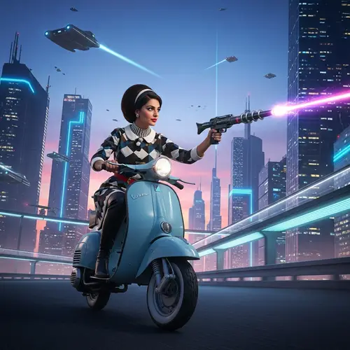 Futuristic 60's Mod Style Scooter Rider with Ray Gun | Bold & Adventurous Theme