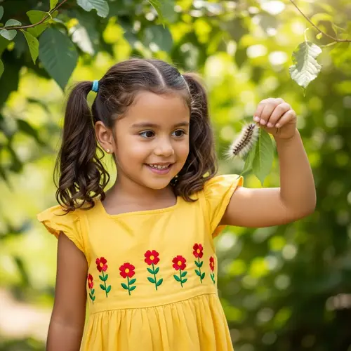 Joyful Hispanic Little Girl in Yellow Sundress with Caterpillar