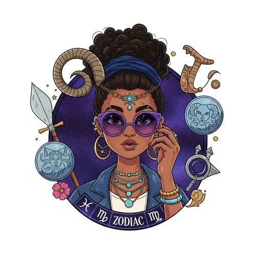 Cartoon Style Diverse Girl with Zodiac-Inspired Accessories