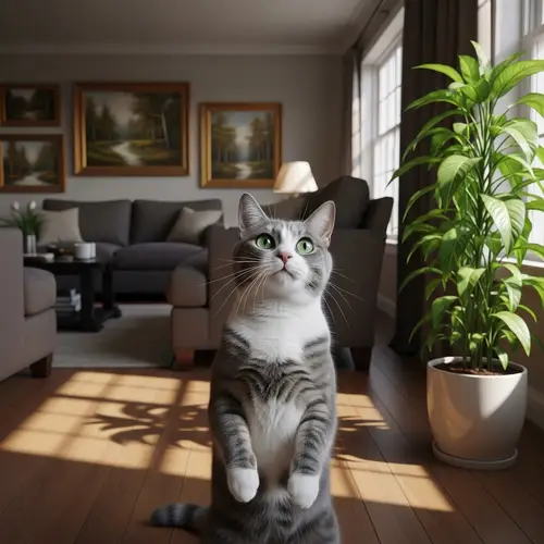 Curious Cat Standing in Sunlit Living Room | Grey & White Fur