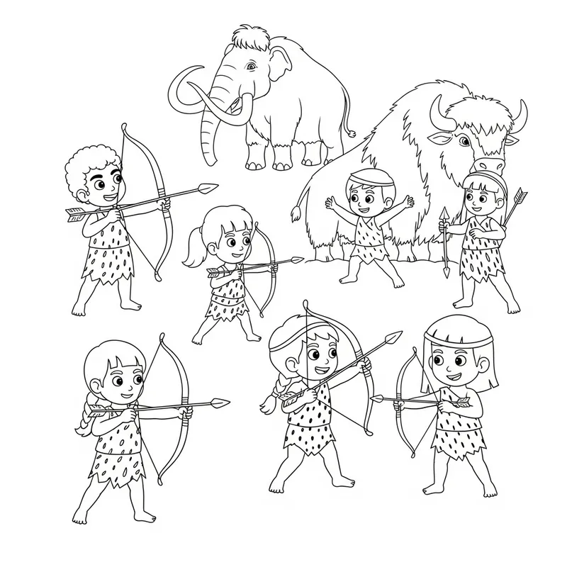 Prehistoric Kids Coloring Page: Mammoth, Bison, and Hunter Sketch Prehistoric Kids Coloring Page: Mammoth, Bison, and Hunter Sketch