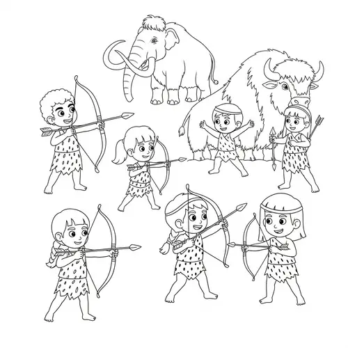 Prehistoric Children's Coloring Book Page: Mammoth & Bison Hunt