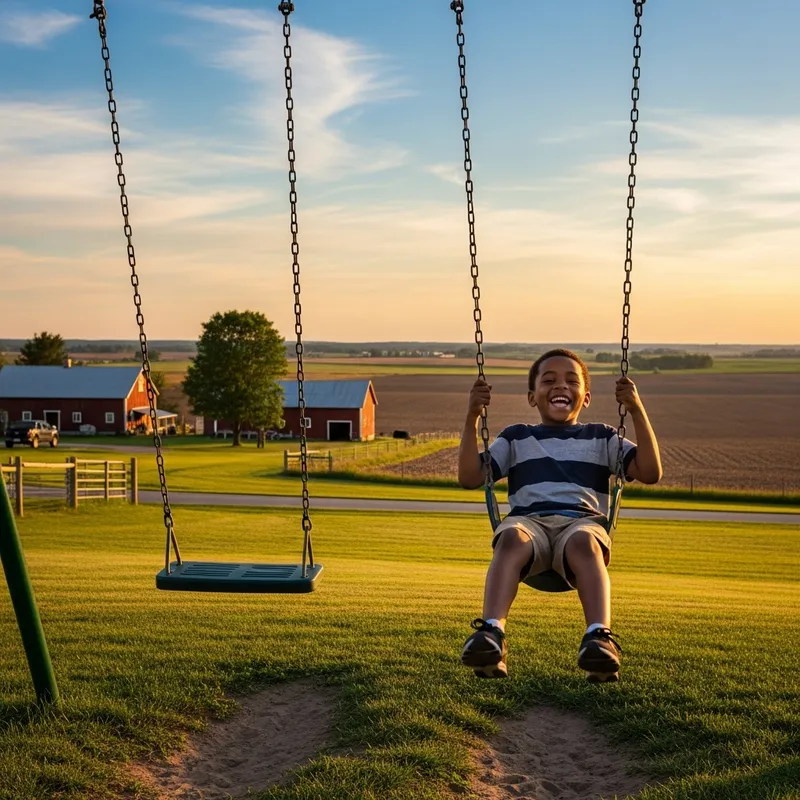 Joyful African American Boy Swinging on Farm Joyful African American Boy Swinging on Farm