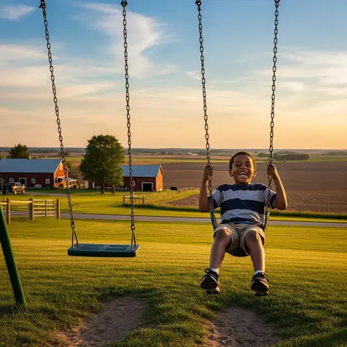 Joyful African American Boy Swinging on Farm