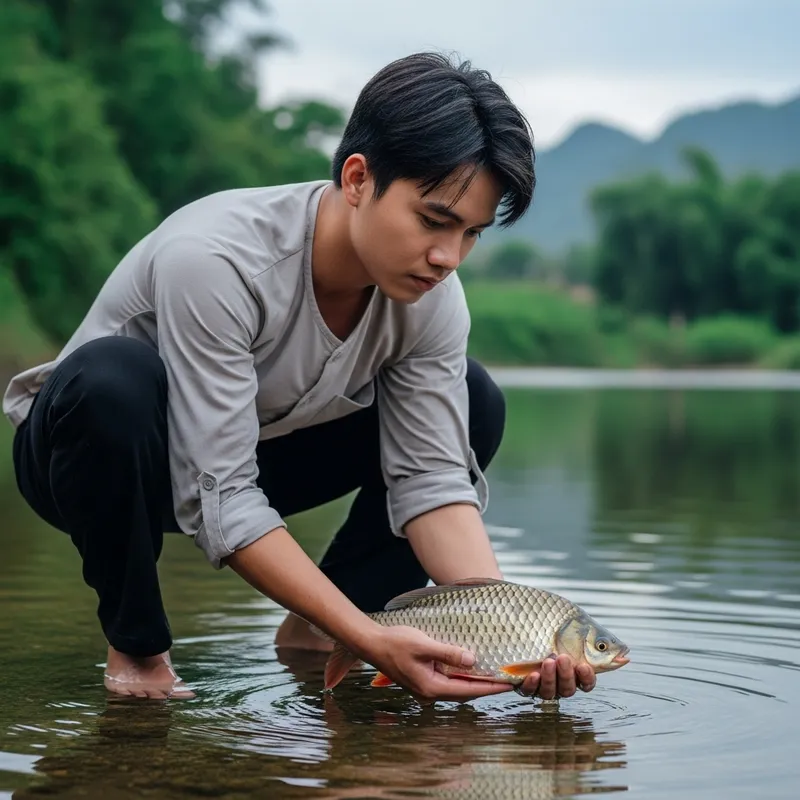 Vietnamese Man Contemplating Releasing Fish | Captured Dilemma