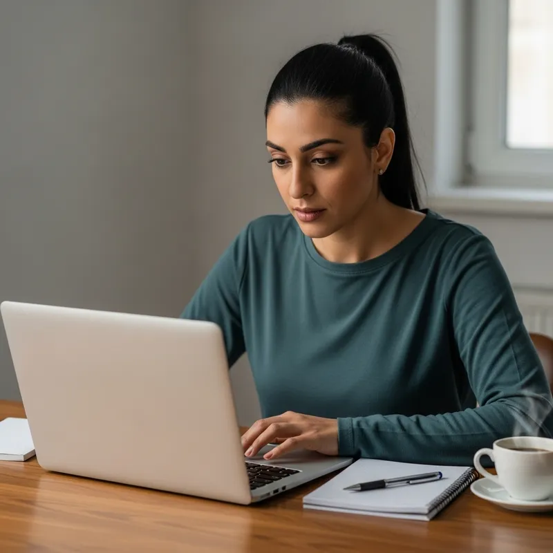 Engrossed Adult Student in Online English Class with Laptop