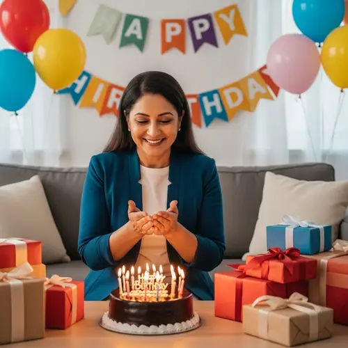 Birthday Celebration with South Asian Middle-Aged Woman