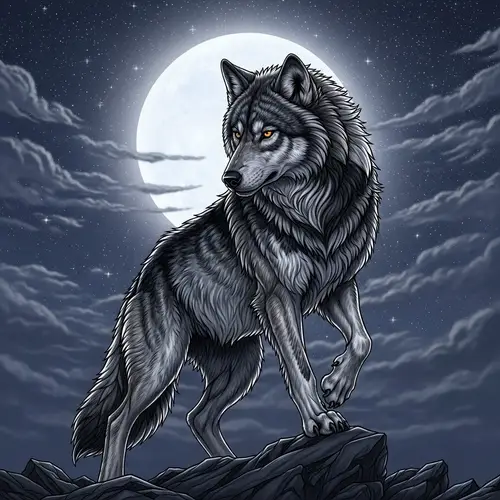 Majestic Lobo Under a Full Moon Illustration