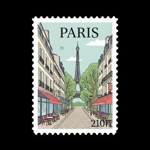 Vintage Parisian Landscape Stamp - Pastel Colors