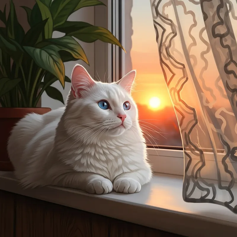Detailed Artwork of Elegant White Cat at Sunset