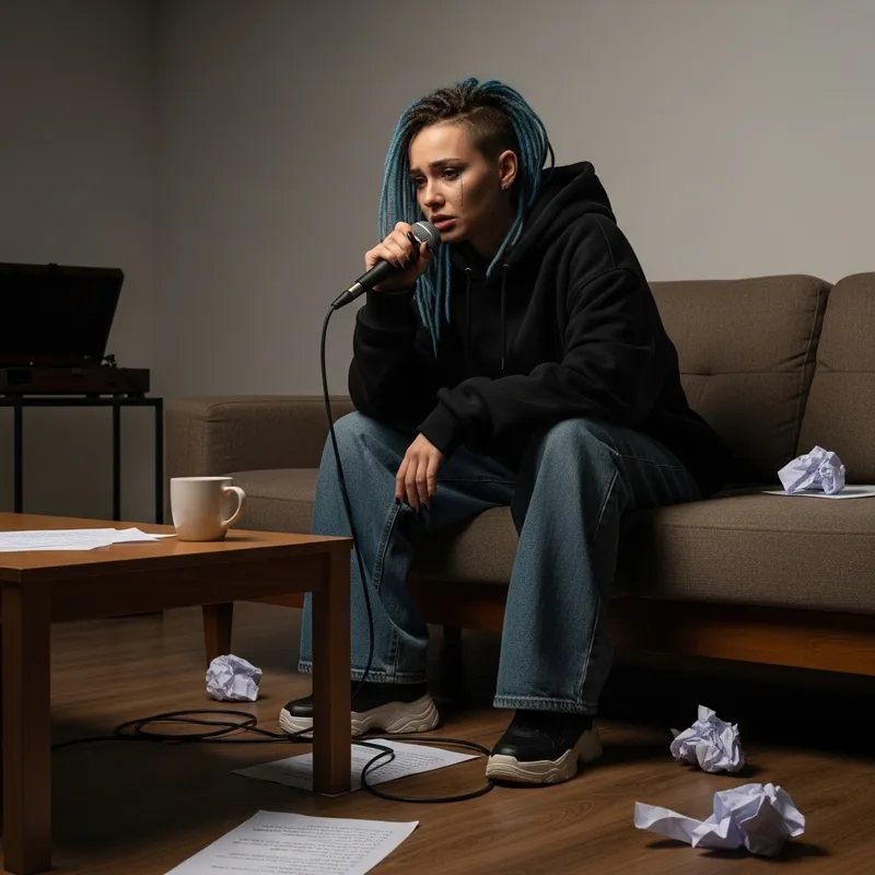 Depressed Female Rapper in Dimly Lit Room | Visual of Despair Depressed Female Rapper in Dimly Lit Room | Visual of Despair