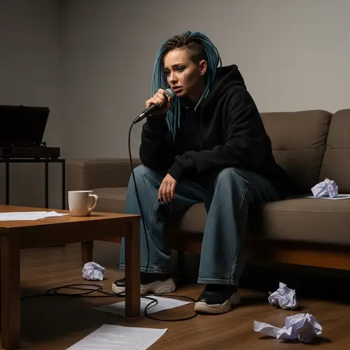 Depressed Caucasian Female Rapper in Dimly Lit Room