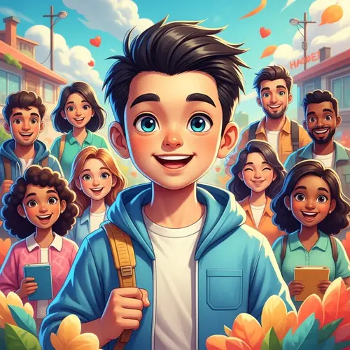 Uplifting Illustration of Cheerful Asian Boy & Friends