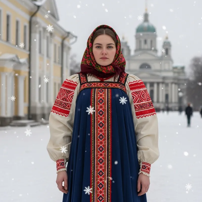 Lady in Russian Folklore Evening Dress in Winter Saint Petersburg