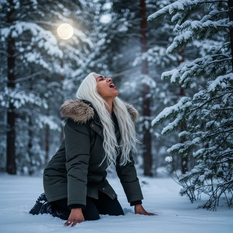 Serene White-Haired Woman Howling at Moon in Winter Forest