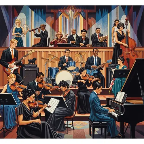 Geometric Art Deco Concert Space with Musicians | Vibrant Colors