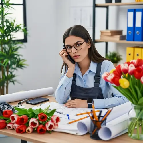 Stylish Interior Designer with Tulip Bouquet | Professional Ambiance