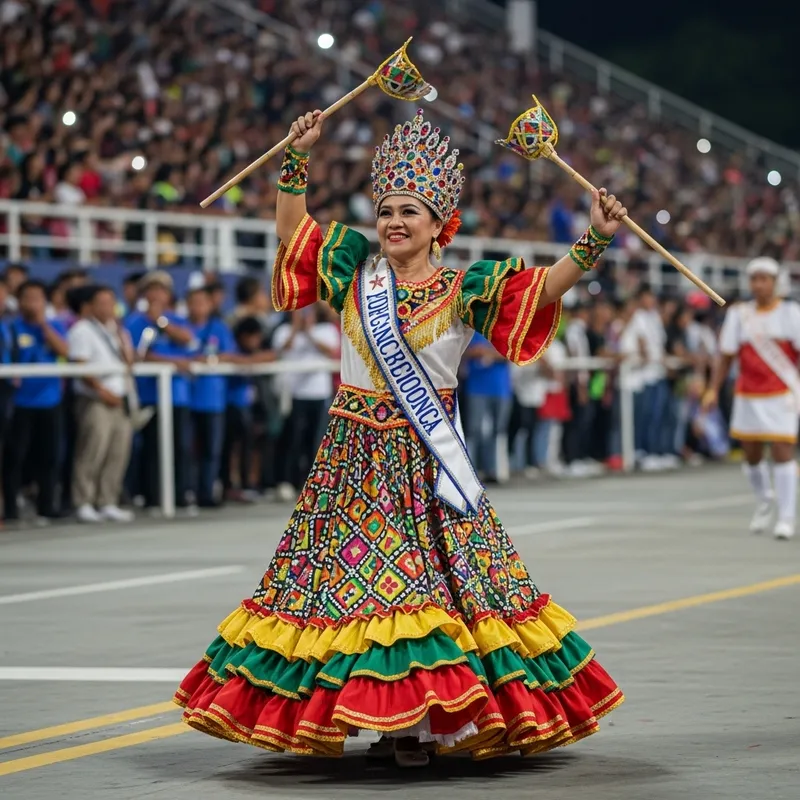Sinulog Festival Queen in Cebu: Middle-aged South Asian Woman Dancing with Bolos Sinulog Festival Queen in Cebu: Middle-aged South Asian Woman Dancing with Bolos