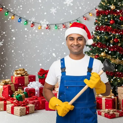 Festive South Asian Male Plumber in Santa Hat with Plunger