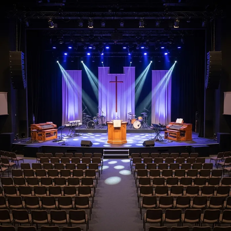 Dynamic 500-Seat Stage Setup with Prominent Pulpit & Symmetrical Instruments