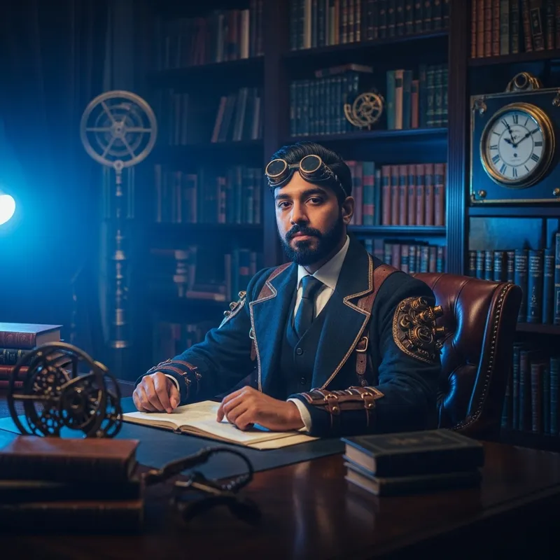 Steampunk Gentleman Surrounded by Vintage Books in Futuristic Office Setting