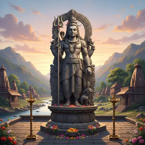 Statue of Mahadev overlooking serene hillside scenery