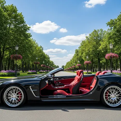 Luxury Black Car in City Park | Elegant, Platinum Wheels