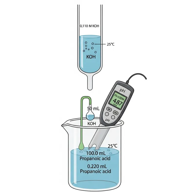 Propanoic Acid Titration with KOH: pH Calculation - 50mL Volume