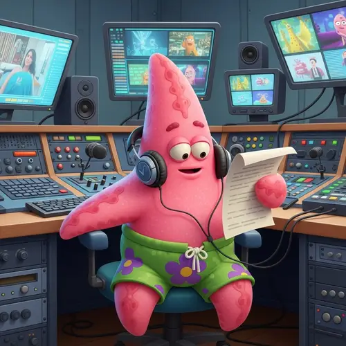 Patrick Starfish in Media Hub | Aquatic Cartoon Character at Work