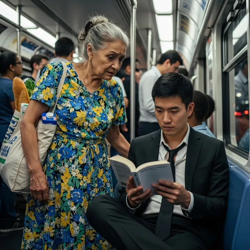 Ignored Elderly Woman Stands by Distracted Man inside Train