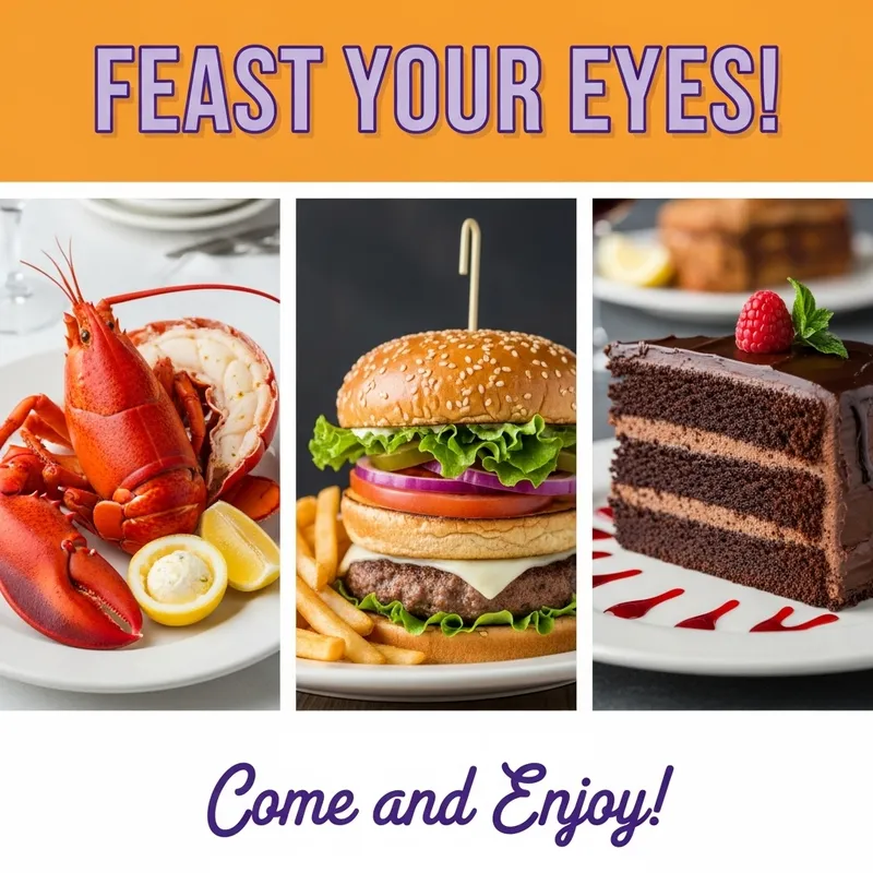 Colorful Food Flyer: Delight in Lobster, Burger & Cake