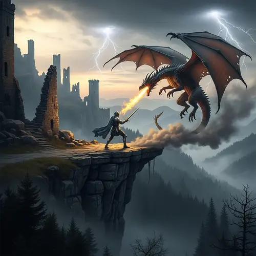 Legendary Battle Between Knight and Dragon on Misty Castle Ruins