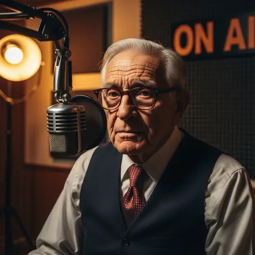 Elderly Hispanic Announcer with Deep Voice in Vintage Studio