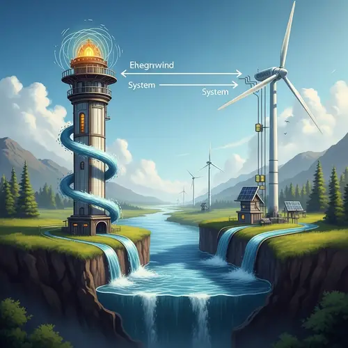 Futuristic Hybrid Hydro-Wind Energy System Illustration