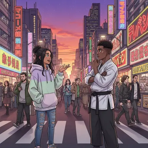 Manga-Style Cityscape Illustration with Diverse Characters Conversing