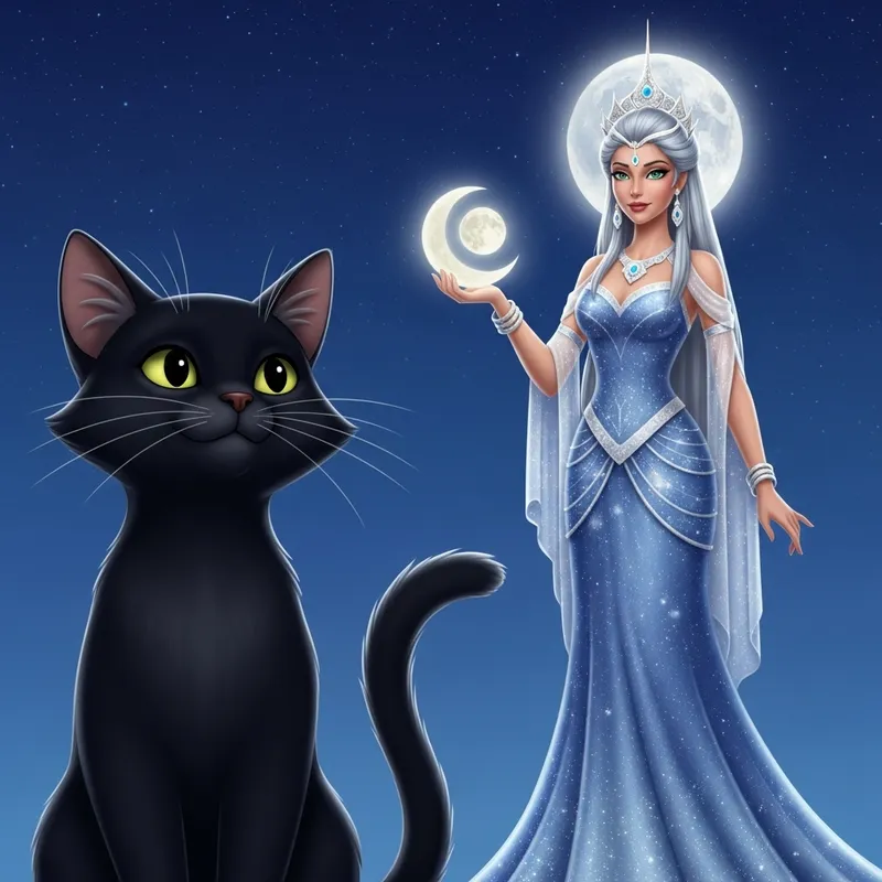 Enchanting Black Cat and Moon Goddess Under Starry Sky