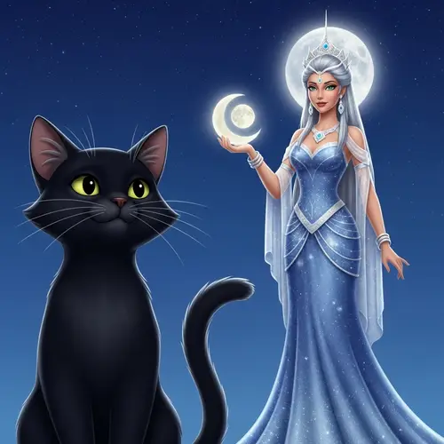 Majestic Black Cat and Moon Goddess Harmony