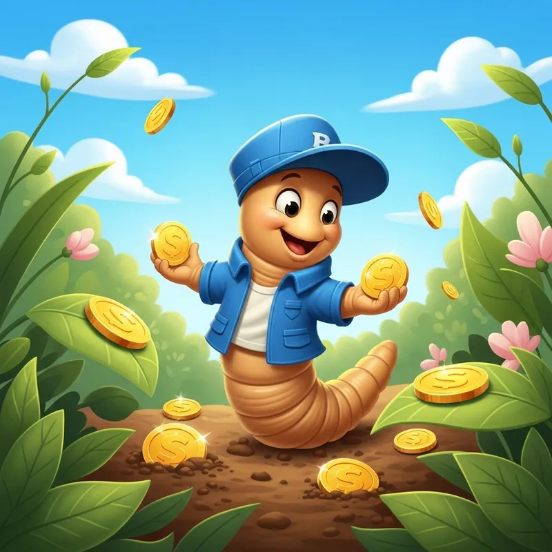 Cheerful Worm Collecting Coins in a Lush Scene