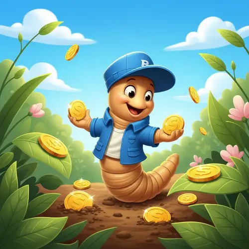 Cheerful Worm Collecting Coins in a Lush Scene