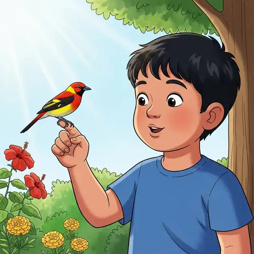 Young South Asian Boy with Tanager Bird | Fascinated Expression