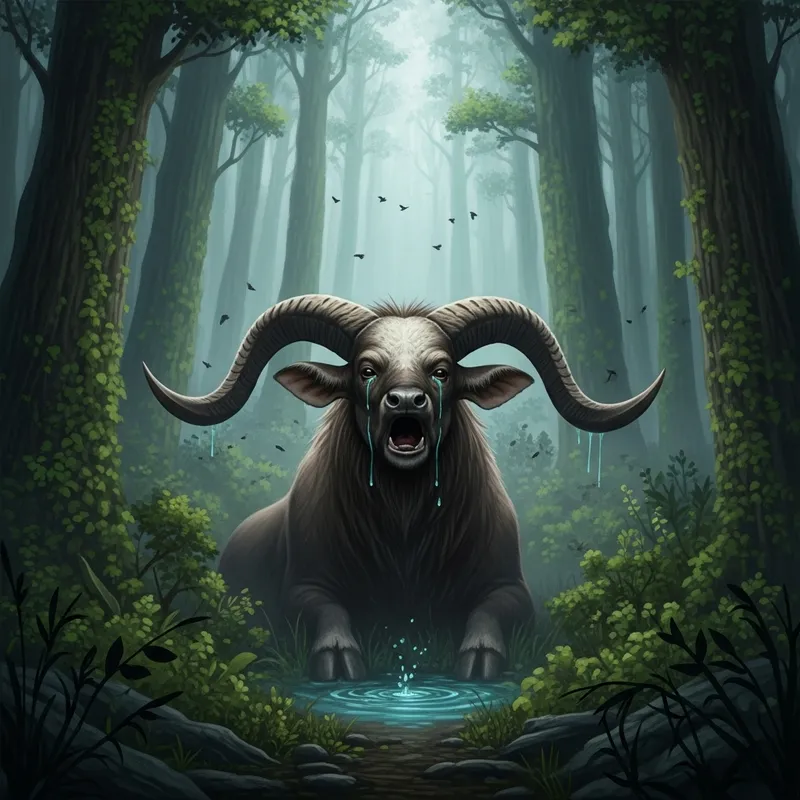 Crying Horned Beast in Forest | Emotive Natural Scene Crying Horned Beast in Forest | Emotive Natural Scene