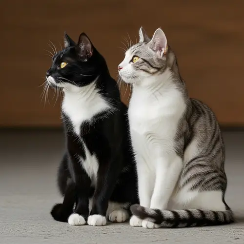 Glossy Black and Pristine White Cats with Marble Stripes