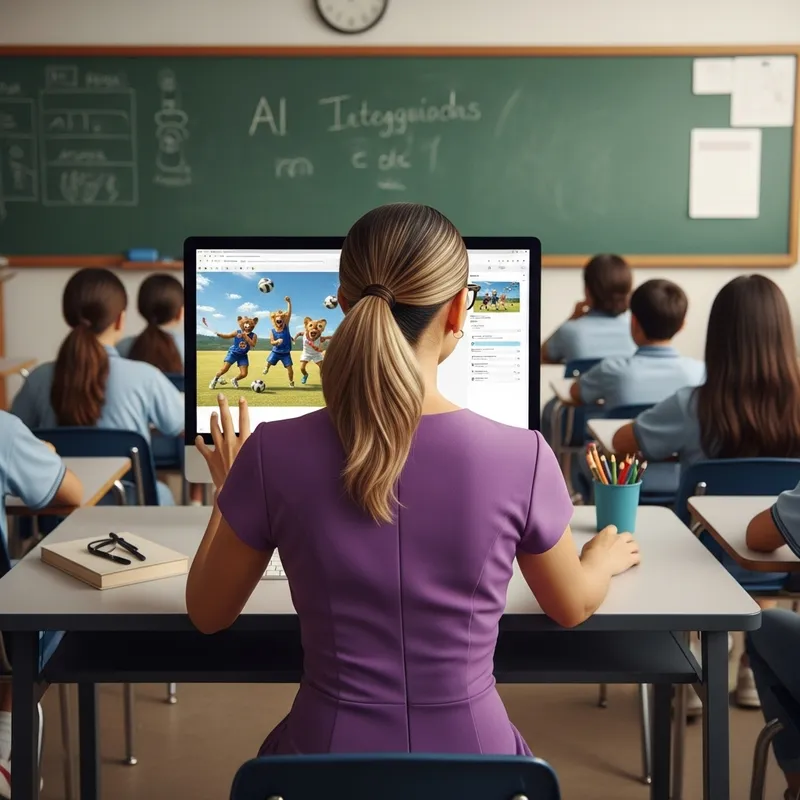 Hispanic Female Teacher Using AI to Create Humorous Animal Sports Images