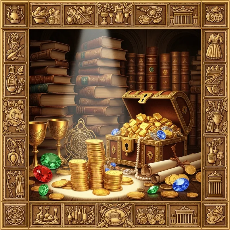 Monetary Value and Wealth: Stacks of Gold Coins and Precious Gems