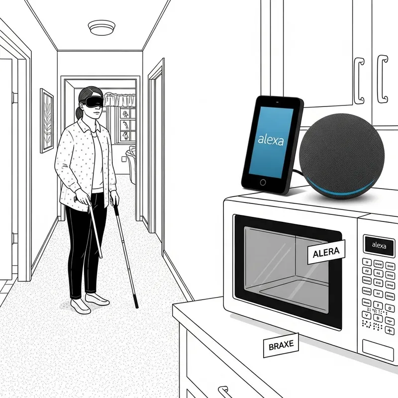 Black and White Drawing of a Blind Person in a House with Assistive Technology