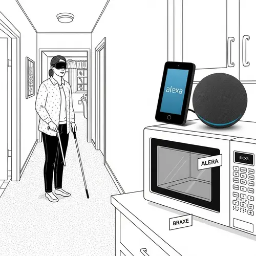 Black and White Drawing of Blind Person in House with Assistive Devices