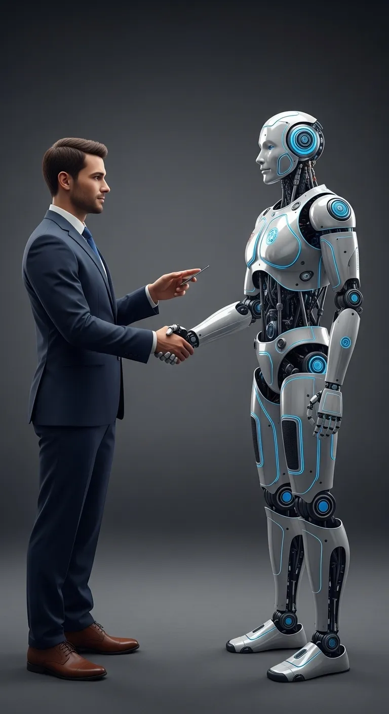Attorney and AI Robot Shaking Hands: A Symbol of Collaboration